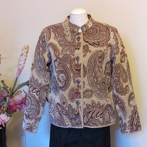 Preowned Zoe Cream Burgundy Floral Print Women's Spring Fall Winter Jacket Size - Picture 3 of 7